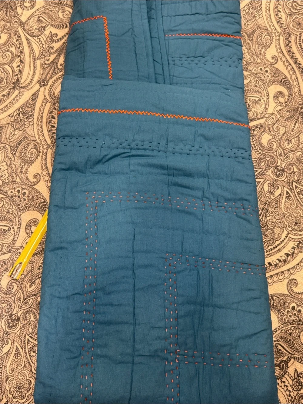 Crate and Barrel Kids blue with Orange Stitching twin quilt & John robshaw